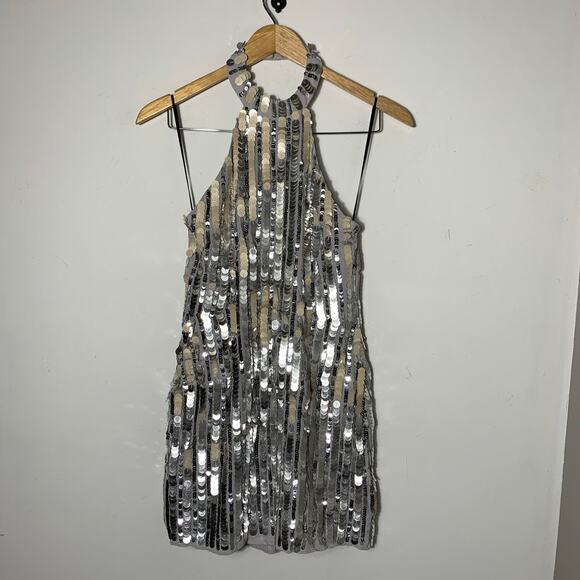 Womens Lovers + Friends Harvey Sequined Mini Dress Silver Size S - Picture 3 of 5